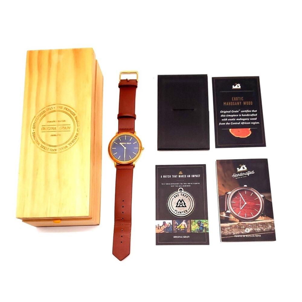 Original Grain Men’s Watch Exotic Mahogany Wood W/ Box & Certificate Leather